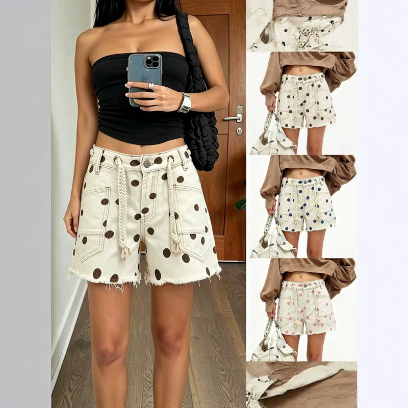 Cross-Border European and American New Style Polka Dot Frayed Denim Shorts Amazon Foreign Trade Personalized Drawstring Decorative Women's Shorts