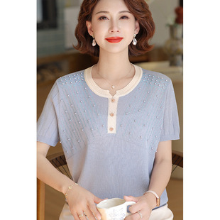 New Mom Summer Tops Knitted Ice Silk Short-Sleeved T-Shirts Middle-Aged and Elderly Women's Summer Round Neck Shirts Thin Suits