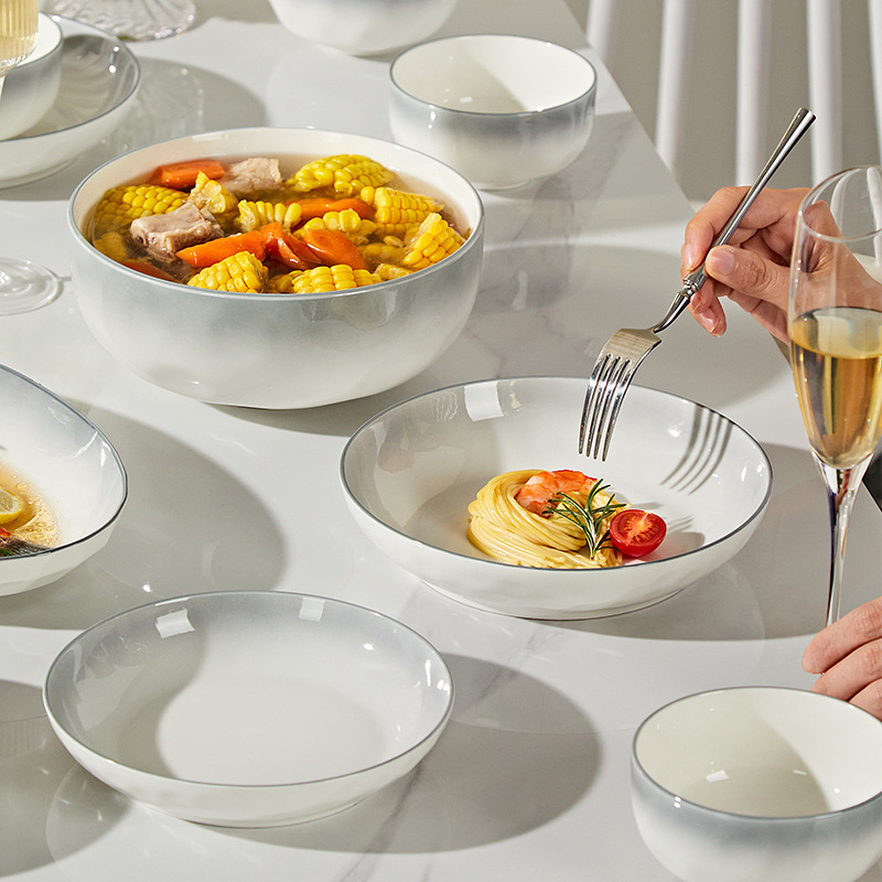 Nordic Style 2026 New Gradient Light Gray Bowl and Plate Set Ceramic Tableware Casserole Housewarming Gift for Home Use