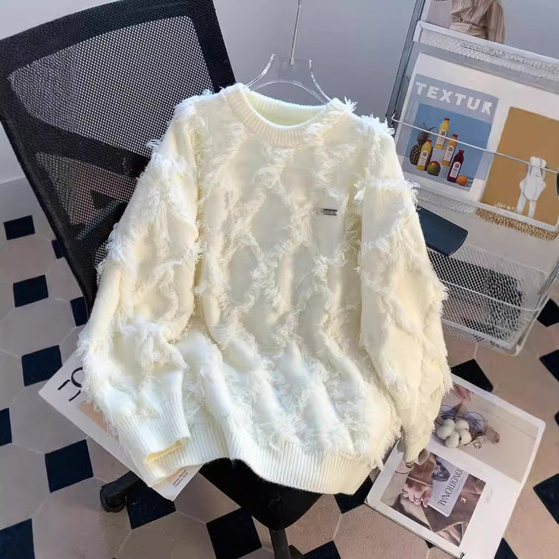 High-end super good-looking design tassel white loose sweater pullover men's 2024 winter new lazy wind thickened High-end super good-looking design tassel white loose sweater pullover men's 2024 winter new lazy wind thickened