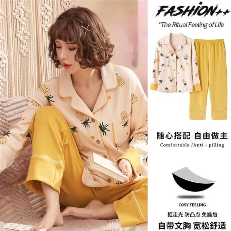 Pijamas 100% de algodón las mujeres con el cojín del pecho, la primavera y el otoño manga larga, más tamaño, desgaste casero al aire libre, traje
