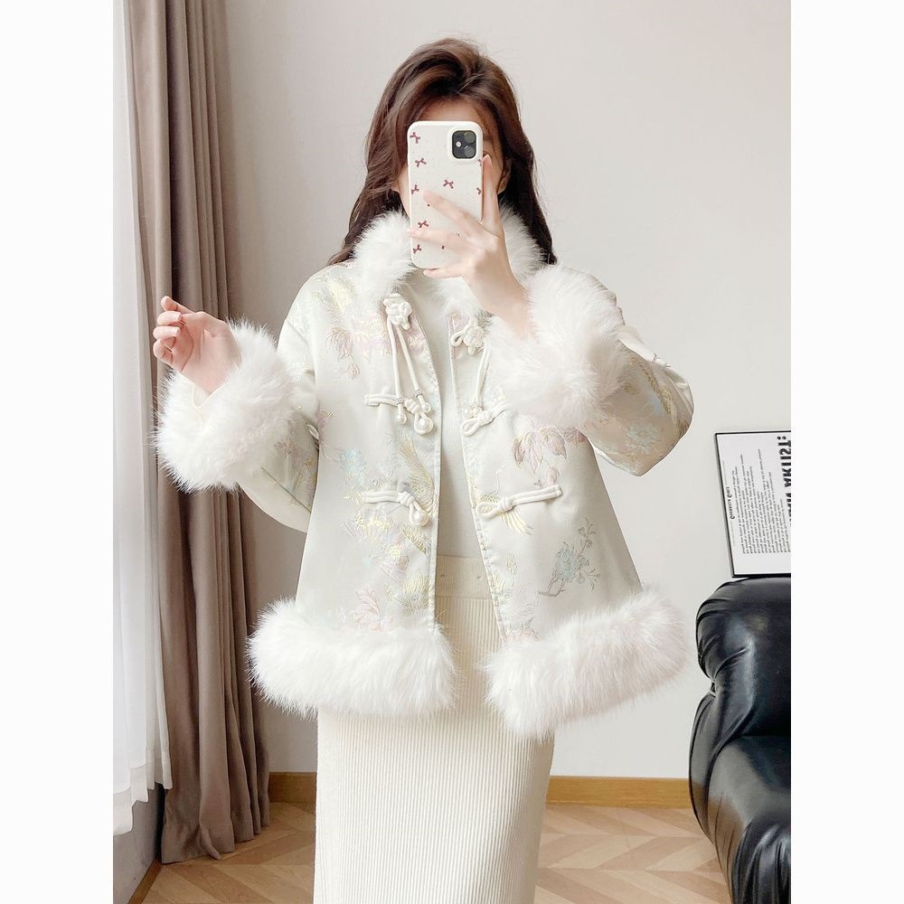 新中式轻国风棉服狐狸刺绣盘扣棉服毛毛秋冬大衣新款皮草杏色其他