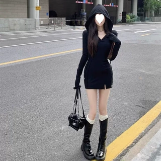 纯欲风辣妹紧身连帽包臀裙女春秋独特别致小个子收腰甜美连衣裙子