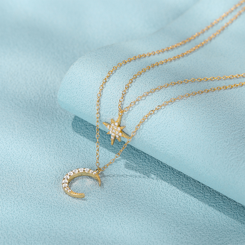 1 Piece Quantity 925 Sterling Silver Zircon Cable Chain Plating Inlay Star Moon Double Layer Necklaces