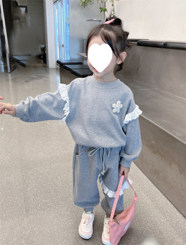 Girls Suit 2024 Spring and Autumn New Style Baby Girl Korean Suit Lace Flower Long Sleeve Casual Sweater Suit
