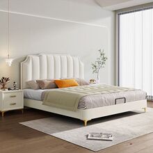 北欧奶油风皮床现代简约双人主卧薄床头软包婚床小户型齐边储物床