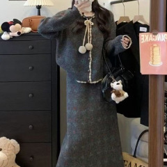 秋冬新款系带设计感气质韩显瘦开衫半身裙毛衣套装冰丝肩带款常规