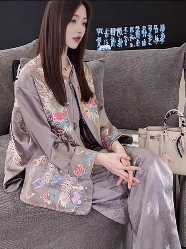 新款轻奢高级感时尚穿搭新中式国风女装刺绣上衣裤子两件套装大码|undefined