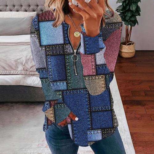 Spring/Summer European and American Style New Women's Knitted Fabric Printed Zip-Up Casual T-Shirt with Short Sleeves for Women
