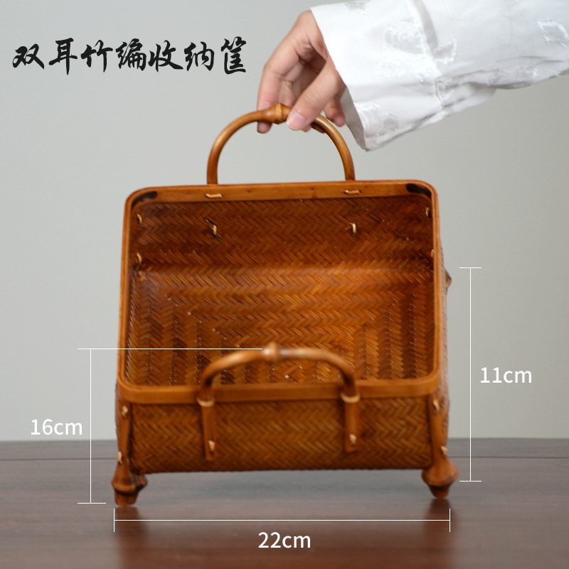 Artesanías de bambú tejidas a mano bambú gran laca cesta nueva casa china sala de estar cesta de almacenamiento de té retro cesta de almacenamiento