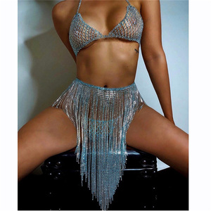 Women silver gold color jazz dance nightclub bling costumes belly dance tassels skirts Crystal Body Chain Set prom party cosplay Bikini Bra tops Shorts hollow Skirt