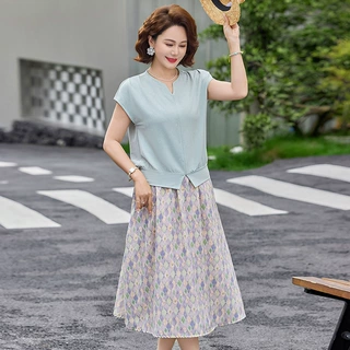 中老年女装半身裙洋气时尚套裙2026妈妈装夏季圆领短袖印花两件套