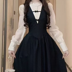 秋季新款法式气质甜美千金风小众设计简约假两件连衣裙其它扎染
