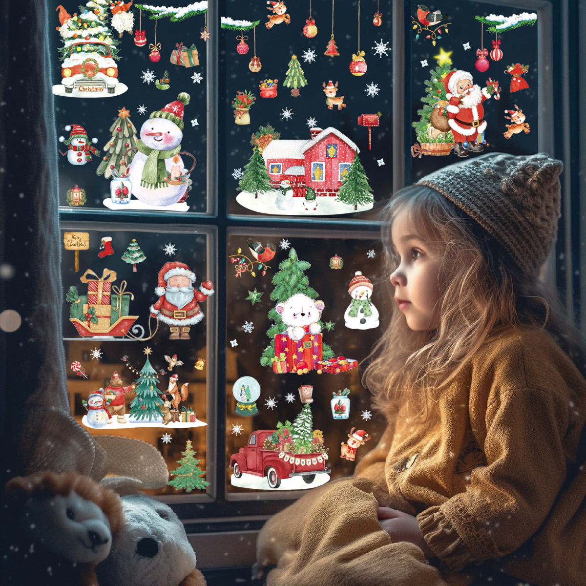 Nueva acuarela Santa Claus ELK Navidad estática decoración de la ventana pegatinas FIESTA DE Navidad decoración de la ventana pegatinas