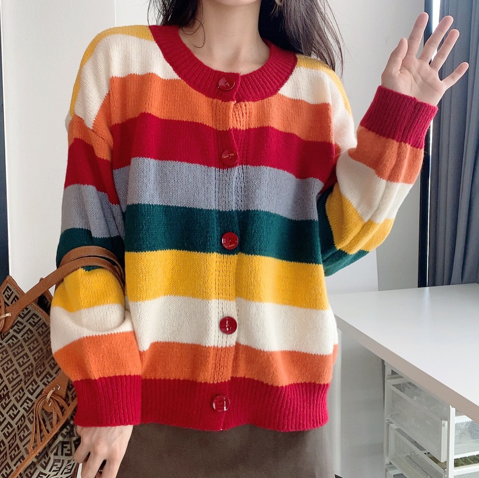 长袖针织开衫女2021新款慵懒风设计感彩虹条纹毛衣外套