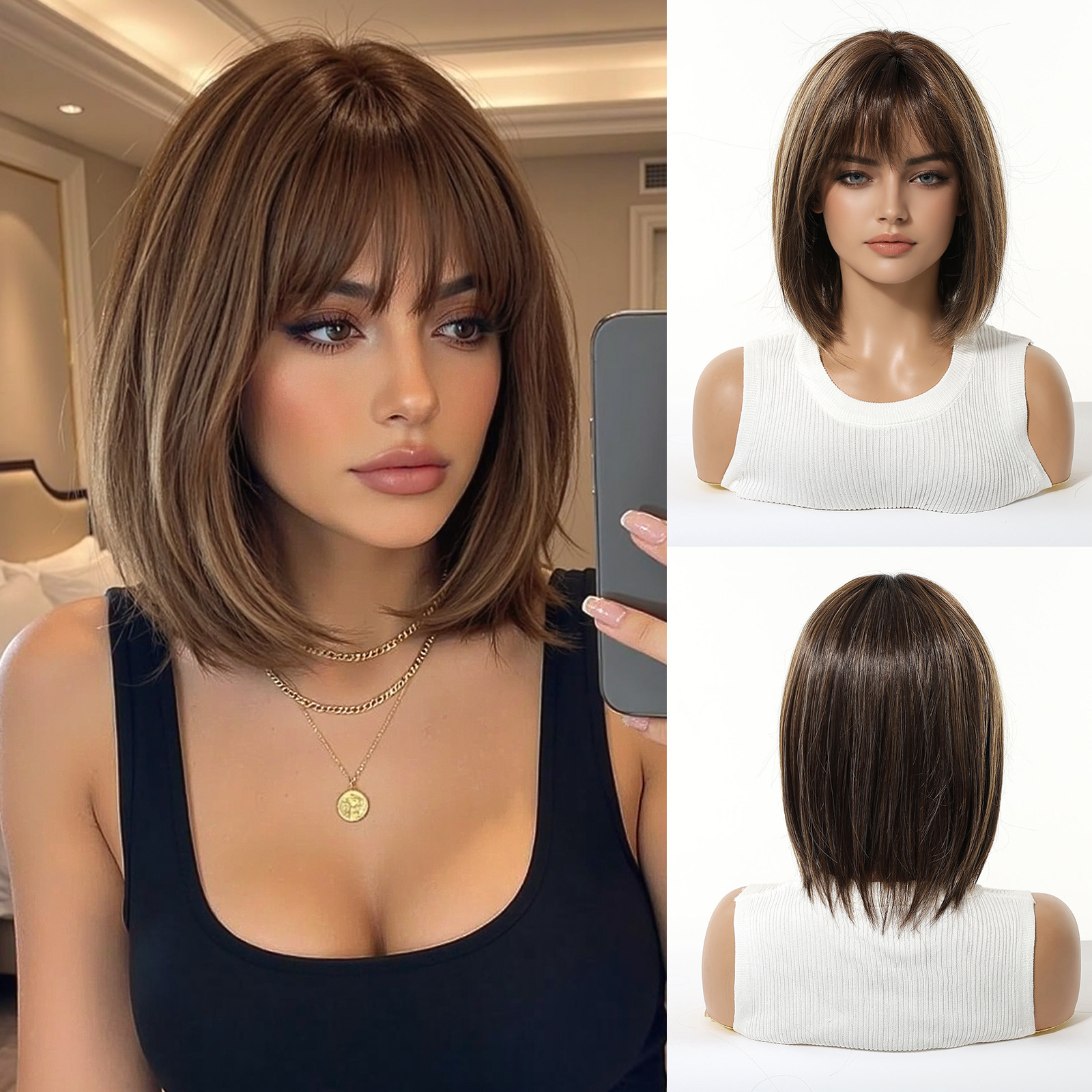 Oro cálido teñido Qi Hai Shun recto cabello corto cubierta de cabeza de seda de alta temperatura sombrero de red de rosas 12 pulgadas cuero cabelludo simulado Hai