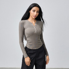 Women's round neck button yoga top, modal high stretch breathable exercise shirt, running fitness top, autumn