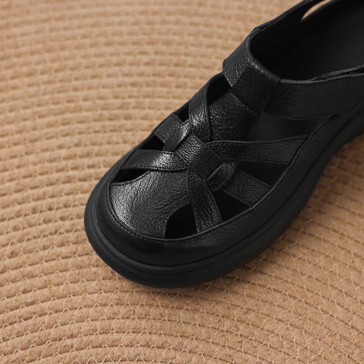 Sandal nữ đế dày da cừu phối quai ngang phong cách học đường — màu đen, màu trắng ngà chi tiết 84