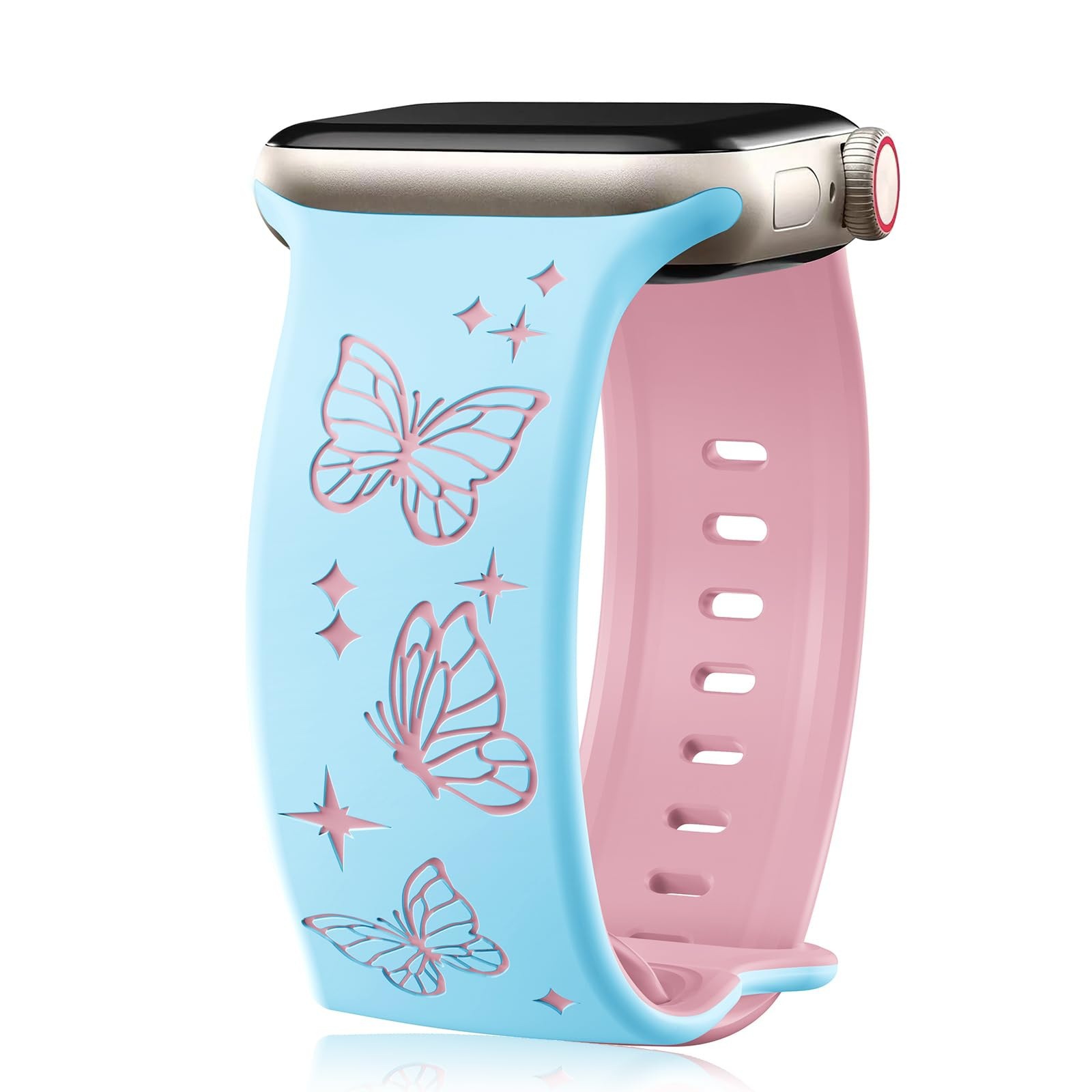 Suitable for Apple Silicone Two-Tone Butterfly Carved Watch Strap with Figure-Eight Buckle, 3D Laser Engraving, Pink Craftsmanship Watch Band