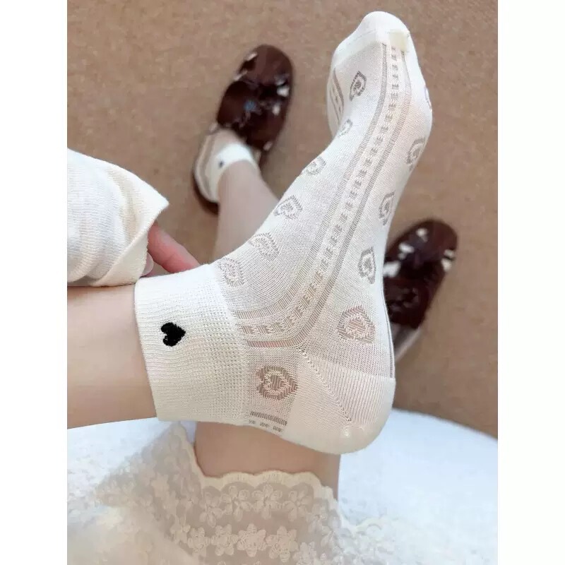 Mesh White Socks for Women, Cute Summer Thin Cotton Breathable Love Heart Short Socks, Breathable New Hot-Selling Item