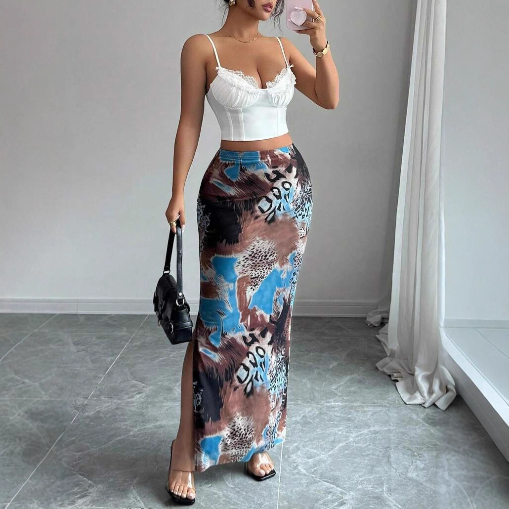 2025 European and American Cross-Border Spring and Summer New Style Slit Long Skirt Tight-Fitting Elegant Fashion Pattern Digital Printing