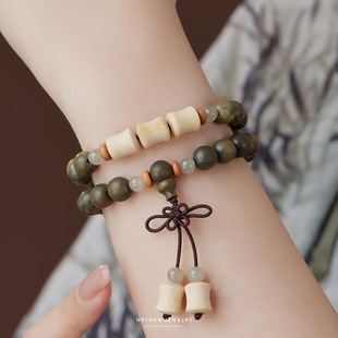 『No Boat』Natural Green Sandalwood and Golden Bamboo Bracelet for Women, Bamboo Knot, National Style, Niche Gift