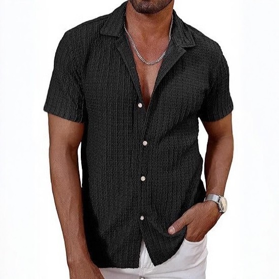 2026 Summer Men's Short-Sleeve Shirt With Knitted Lattice Design, Breathable Casual Pure-Color Collar_viptrois.com
