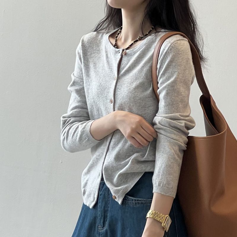 春秋新款条纹针织开衫外套女设计感小众上衣外搭薄款圆领长袖毛衣|undefined
