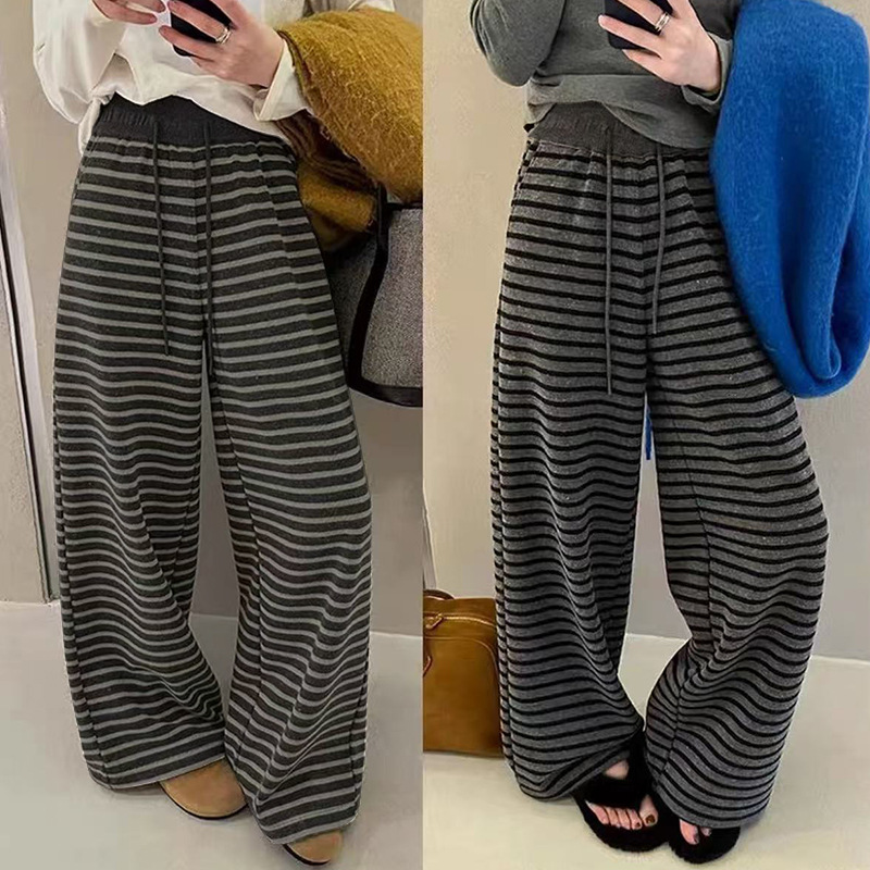 Contrast Color Striped Wide-Leg Pants for Women, Autumn New Drawstring High-Waisted Drapey Loose Casual Straight-Leg Pants