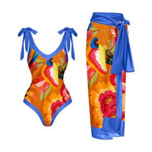 European and American Cross-Border Amazon Fashion Flower and Bird Pattern One-Piece Swimsuit with Wrap Skirt Lace-Up Swimsuit Two-Piece Set for Women