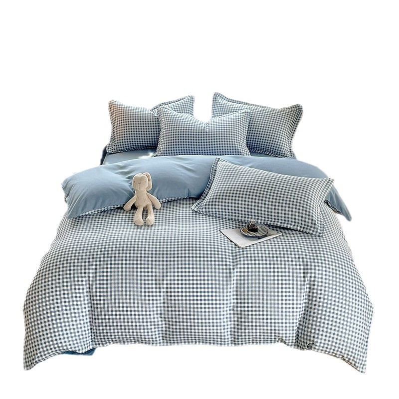 Japanese Style Brushed Bedding Set Four Piece Plaid Bed Sheets_voghion.com