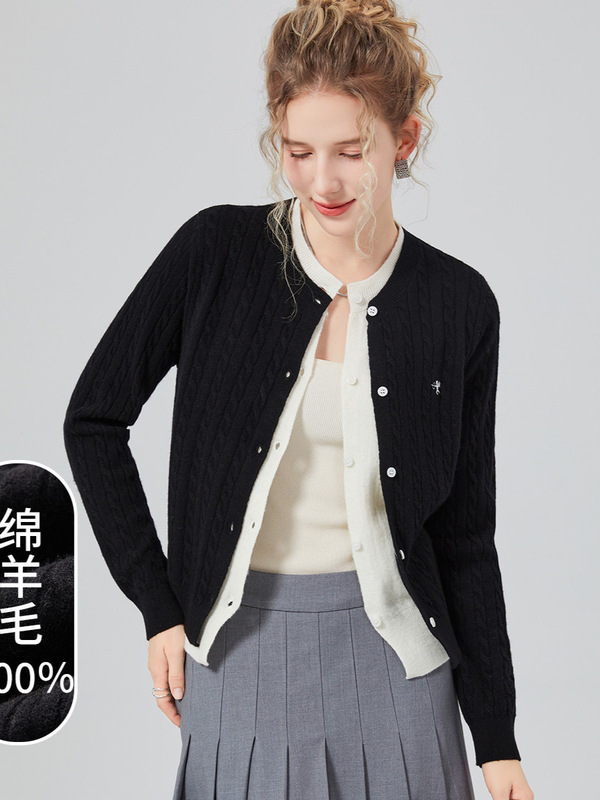 假两件【100%羊毛】女款休闲百搭小个子提花针织开衫女式羊毛衫|undefined