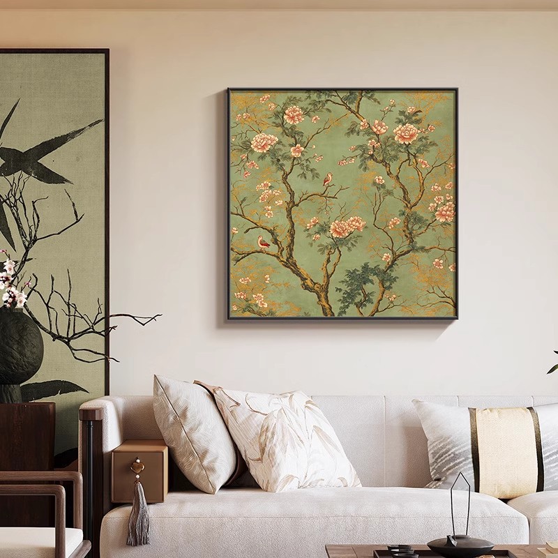 Song's Aesthetic Flower and Bird Painting Living Room Decoration Painting New Chinoiserie Sofa Background Wall Hanging Painting Square Dining Room Bedroom Mural