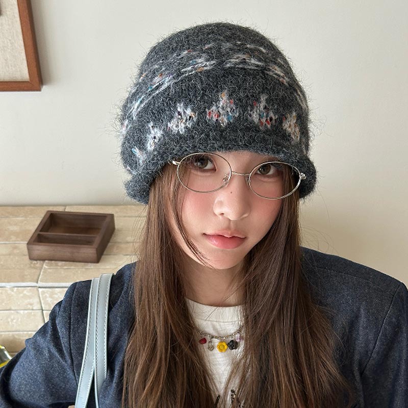 复古提花费尔岛针织毛线帽女秋冬保暖显脸小包头帽卷边冷帽爆款