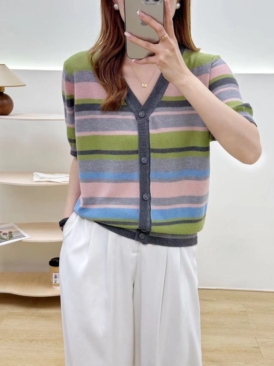 yms064 夏季羊毛条纹短袖针织衫女 V领纽扣薄款宽松打底衫 假开衫