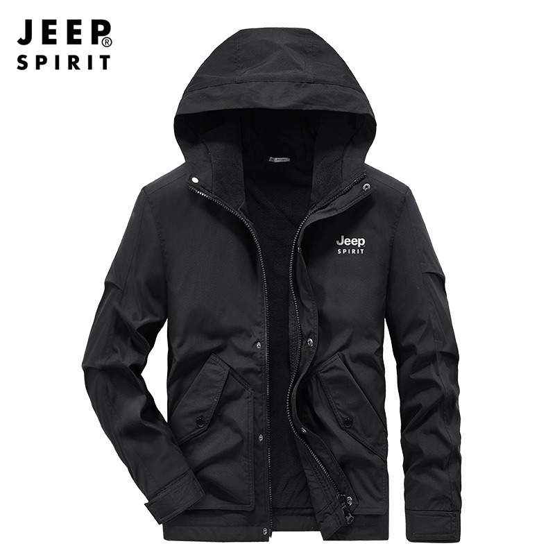 JEEP SPIRIT新款男士加绒连帽夹克修身大码男时尚防风风衣外套