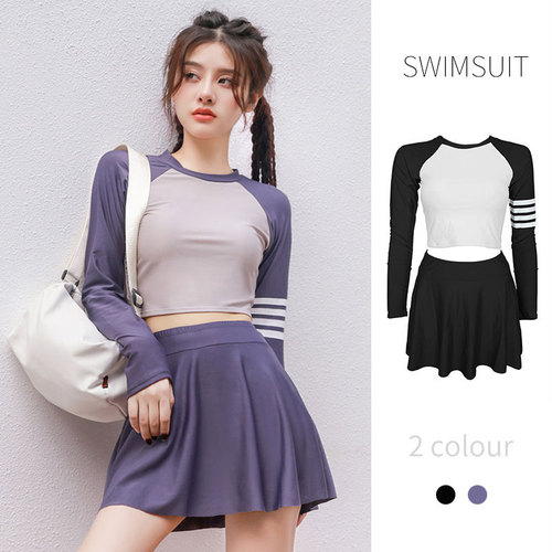 Hurun split swimsuit for women, conservative, slimming, belly-covering skirt, sports long-sleeved two-piece set, hot spring plus size swimsuit wholesale