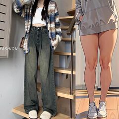 秋季新款水泥灰复古阔腿牛仔裤女高腰宽松显瘦直筒垂感拖地裤ins