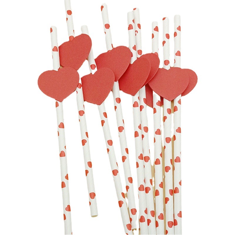 Paja de papel desechable creativo Día de San Valentín amor en forma de corazón paja para hornear pastel decorativo plug-in té con leche