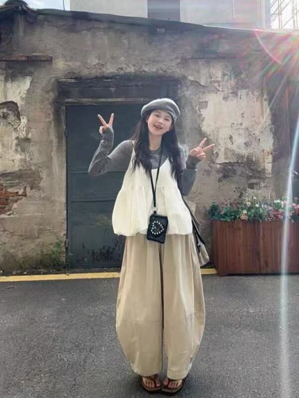 秋季韩系T恤打底衫吊带叠穿弯刀裤阔腿裤三件套遮肉显瘦孕妇装|undefined