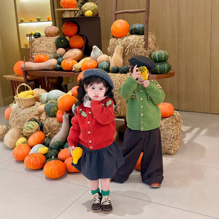 Girls Red Knitted Cardigan Hand-Embroidered Ins Style Outwear Winter Green Little Bee Sweater