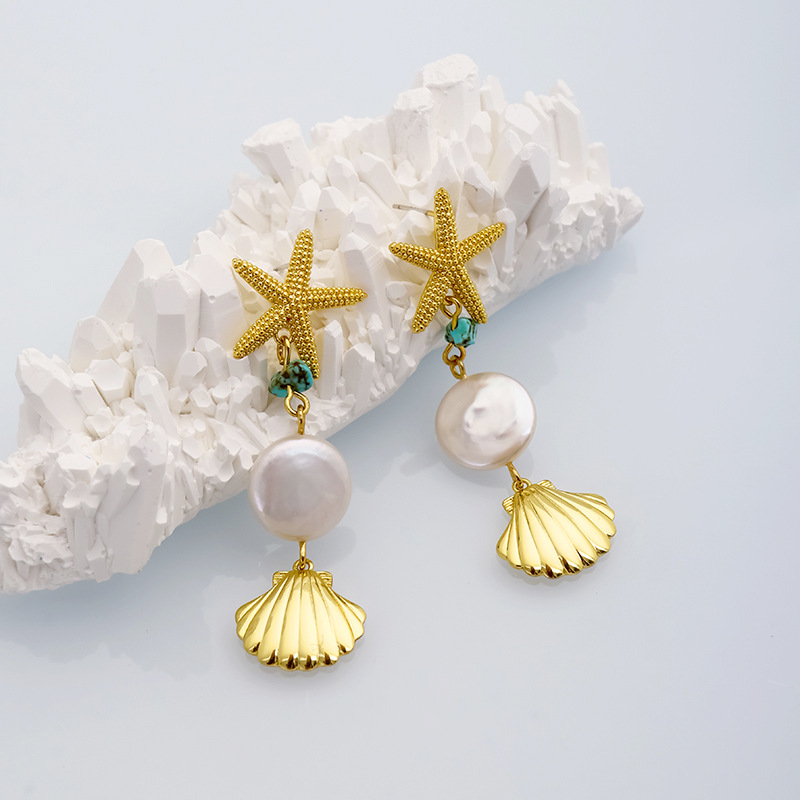 Drop Earrings Classification 1 Pair Quantity Daily, Street Occasion Casual Retro Starfish Shell Freshwater Pearl Copper Plating 18k Gold Plated Women's Drop Earrings