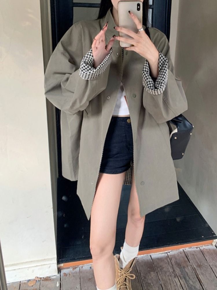 A large-sized Korean-style fashionable checked two-sided trench coat for women, a new mid-length casual stand-up collar top for women from spring and autumn