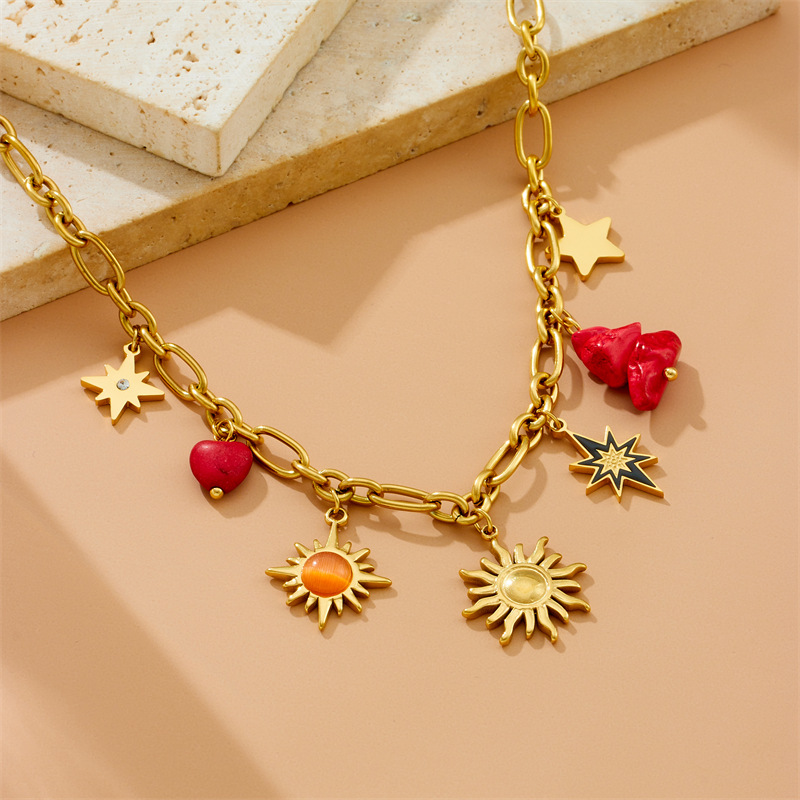 Sun Star Heart Shape 304 Stainless Steel Elegant Layered Necklaces Multi Charms Necklace display picture 1