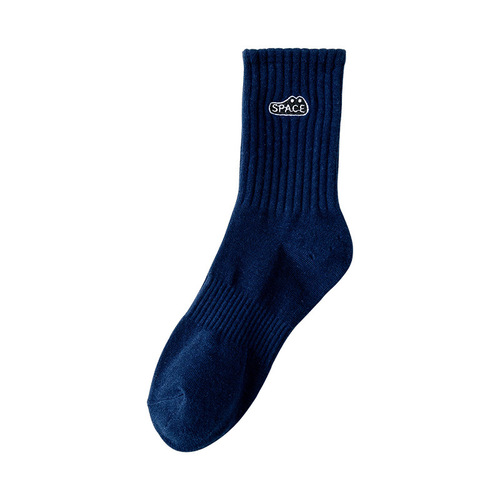 Socks men's solid color cotton socks autumn and winter trendy mid-calf socks sports embroidery men's ins combed cotton high-top stockings