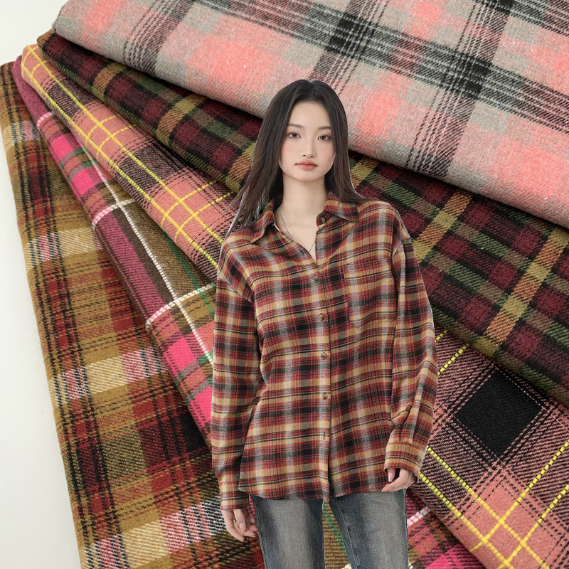 色织涤棉斜纹磨毛格子布 21S法拉绒衬衫连衣裙童装格子面料