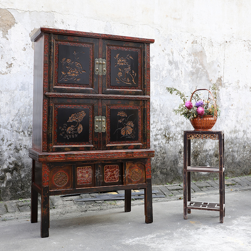 定制古典中式实木衣柜卧室旧家具家用雕花柜子落地储物柜带抽屉