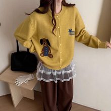 早春新款实拍卡通小狗韩系清新少女风圆领百搭针织开衫女外套毛衣
