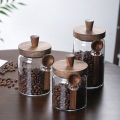 高ホウ素シリコン透明ガラス密封缶茶葉缶貯蔵缶木スプーン調味瓶アカシア木蓋密封缶