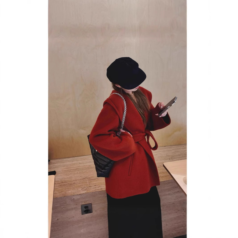 Camel velvet coat red shirt Korean style hooded cashmere high-grade small double-sided wool woolen coat for women